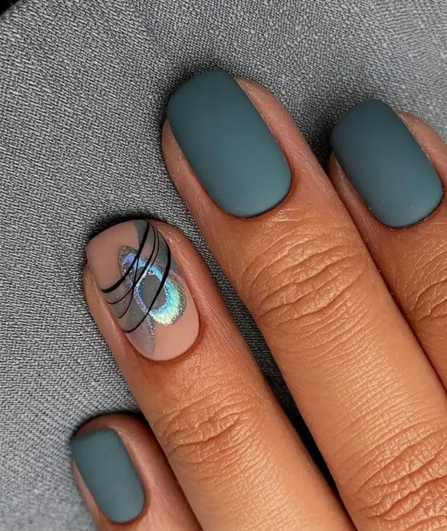 Classy Summer Nails for 2025 Style Teal Matte and Chrome Swirl Accent