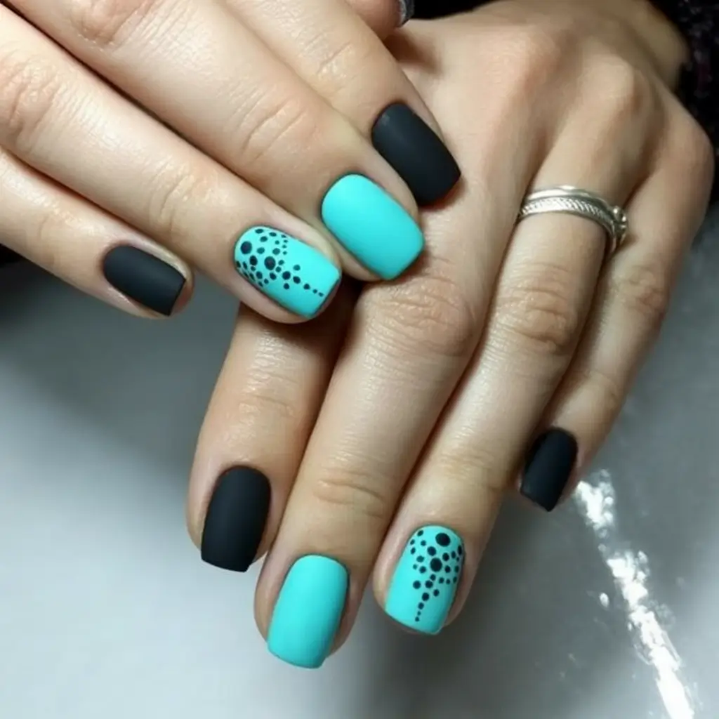 Classy Summer Nails for 2025 Style Matte Turquoise And Black Contrast