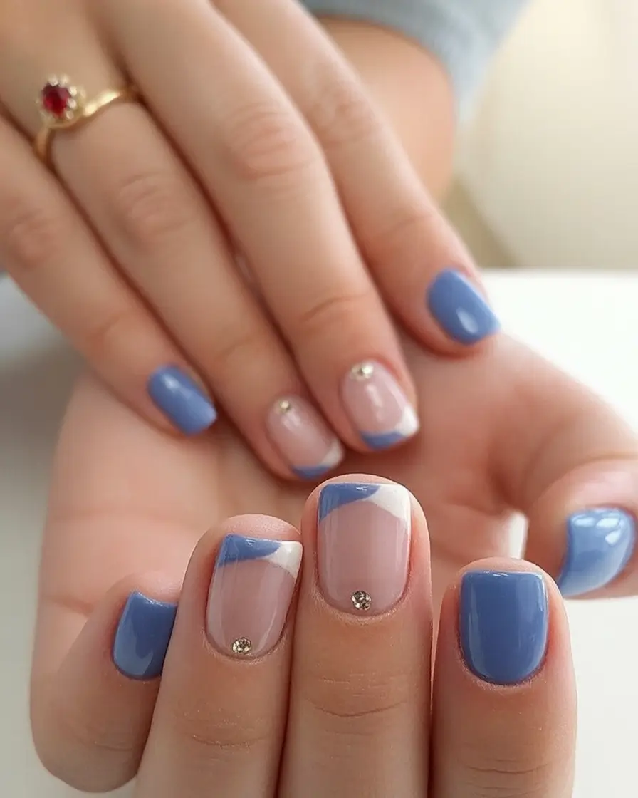 Classy Summer Nails for 2025 Style Blue Geometric With Rhinestone Accents