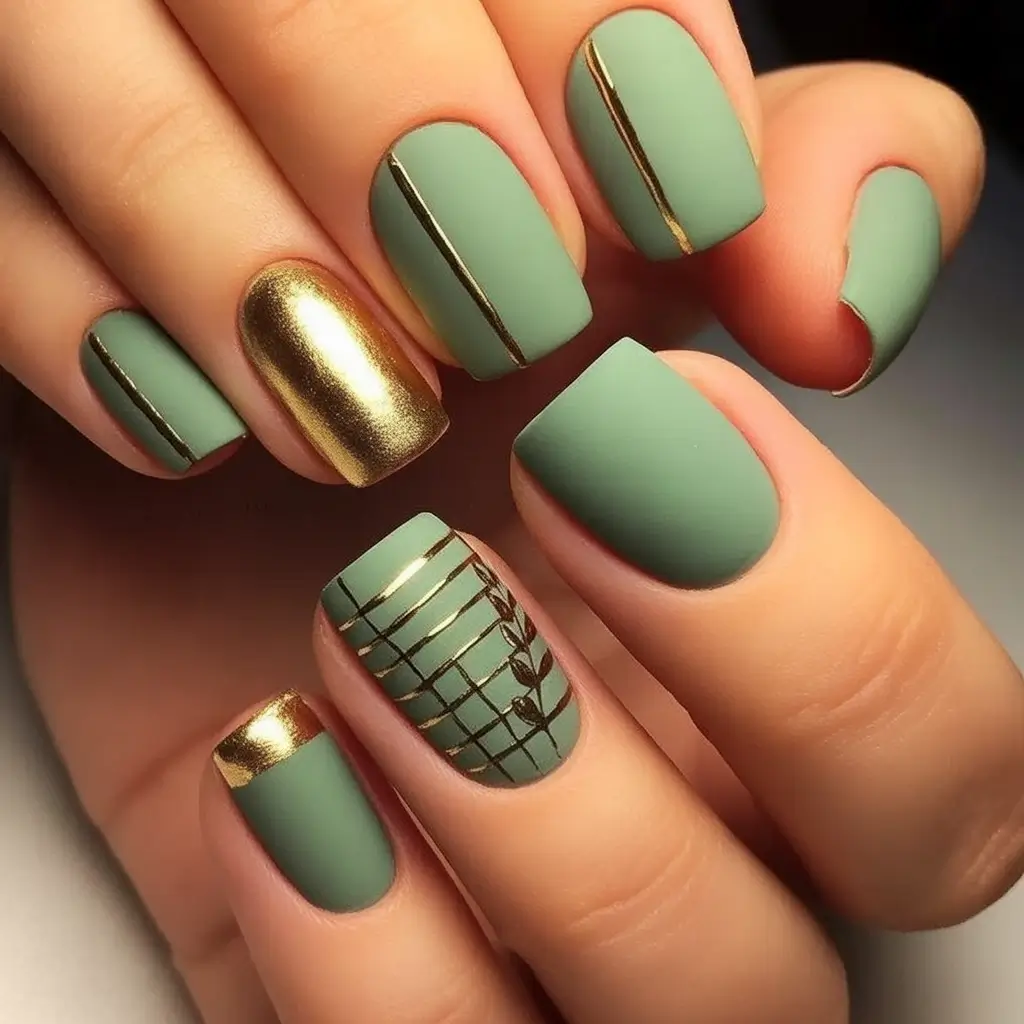 Classy Summer Nails for 2025 Style Matte Sage With Gold Modernism