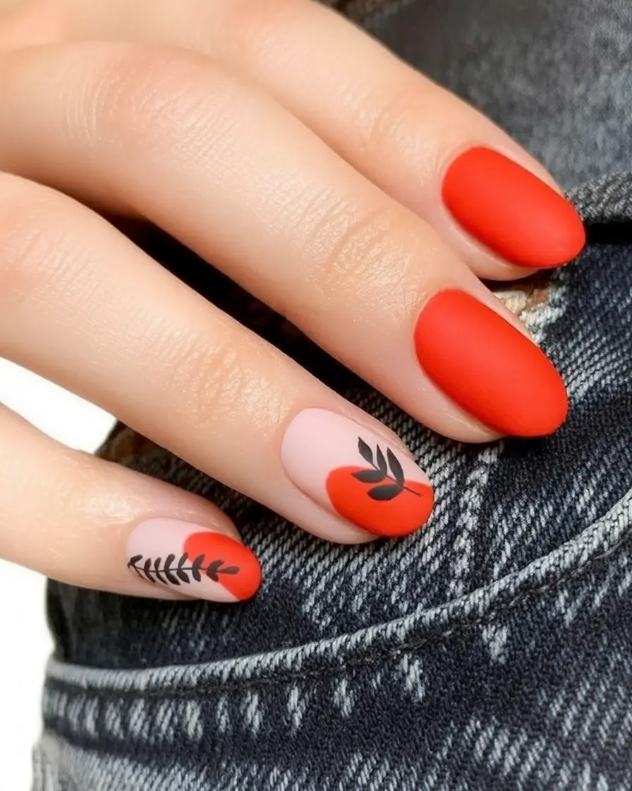 Classy Summer Nails for 2025 Style Matte Red With Black Leaf Art