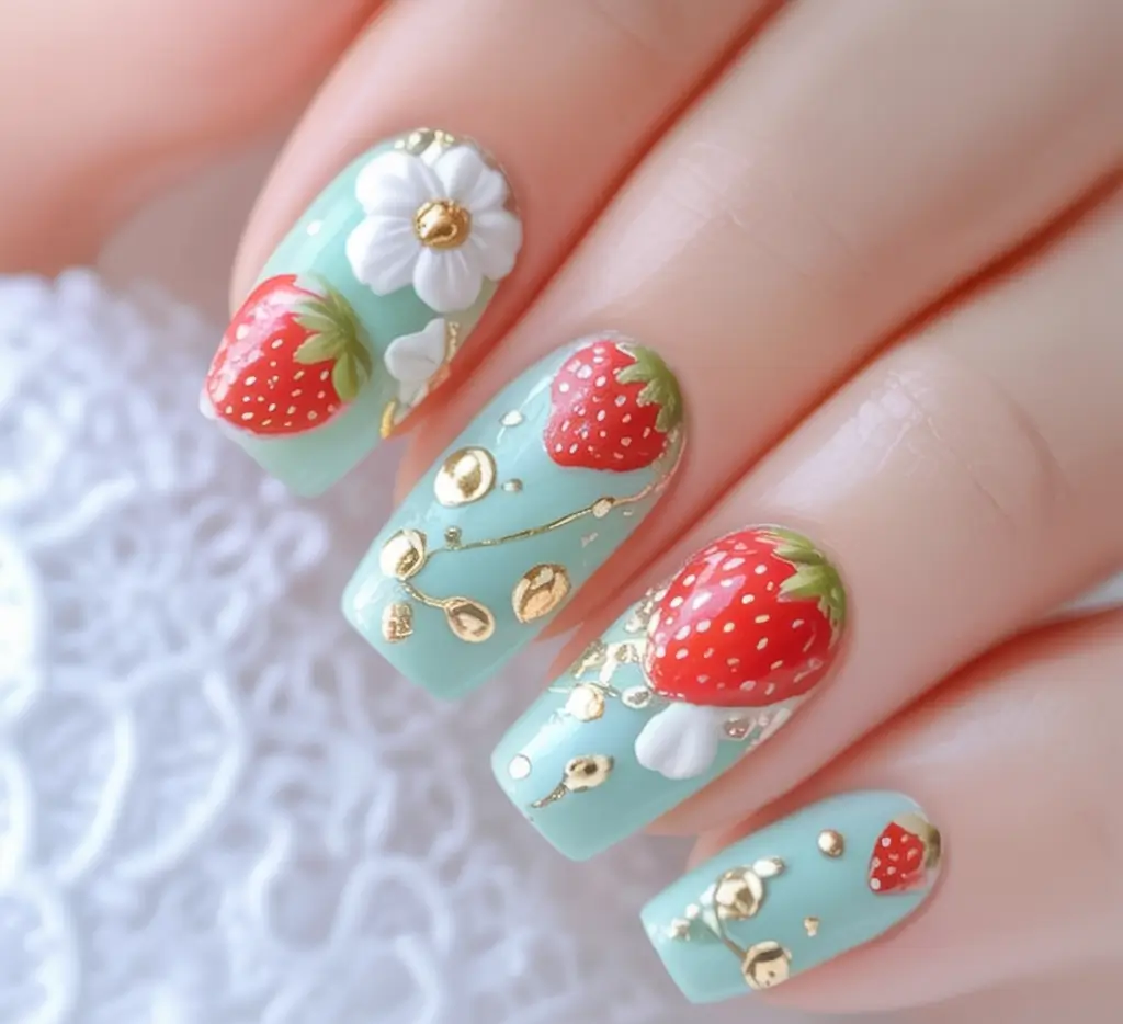 Coffin Nails for Summer 2025 Vibes Minty Strawberry Picnic