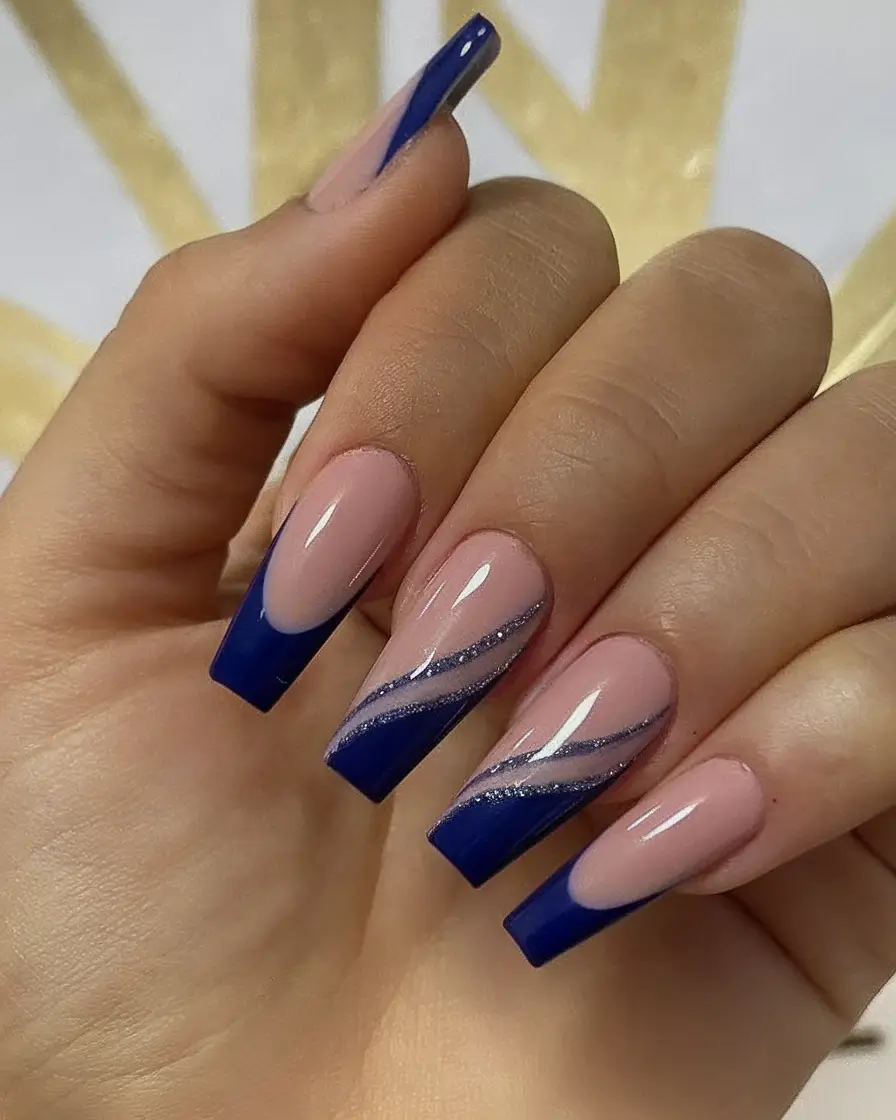 Coffin Nails for Summer 2025 Vibes Deep Blue Elegance with Graphic Wave Accents