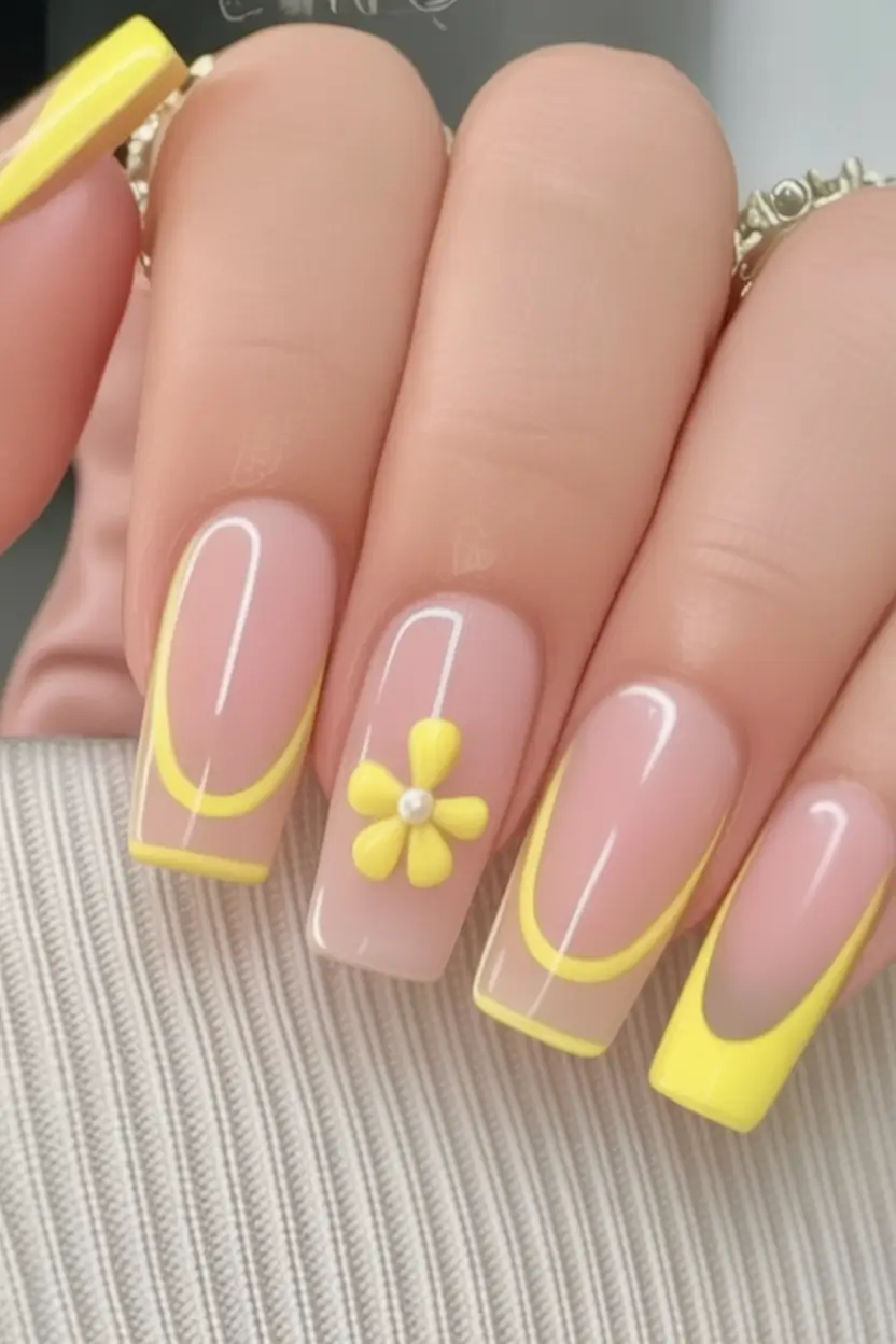 Coffin Nails for Summer 2025 Vibes Sunshine French with 3D Petal Pop