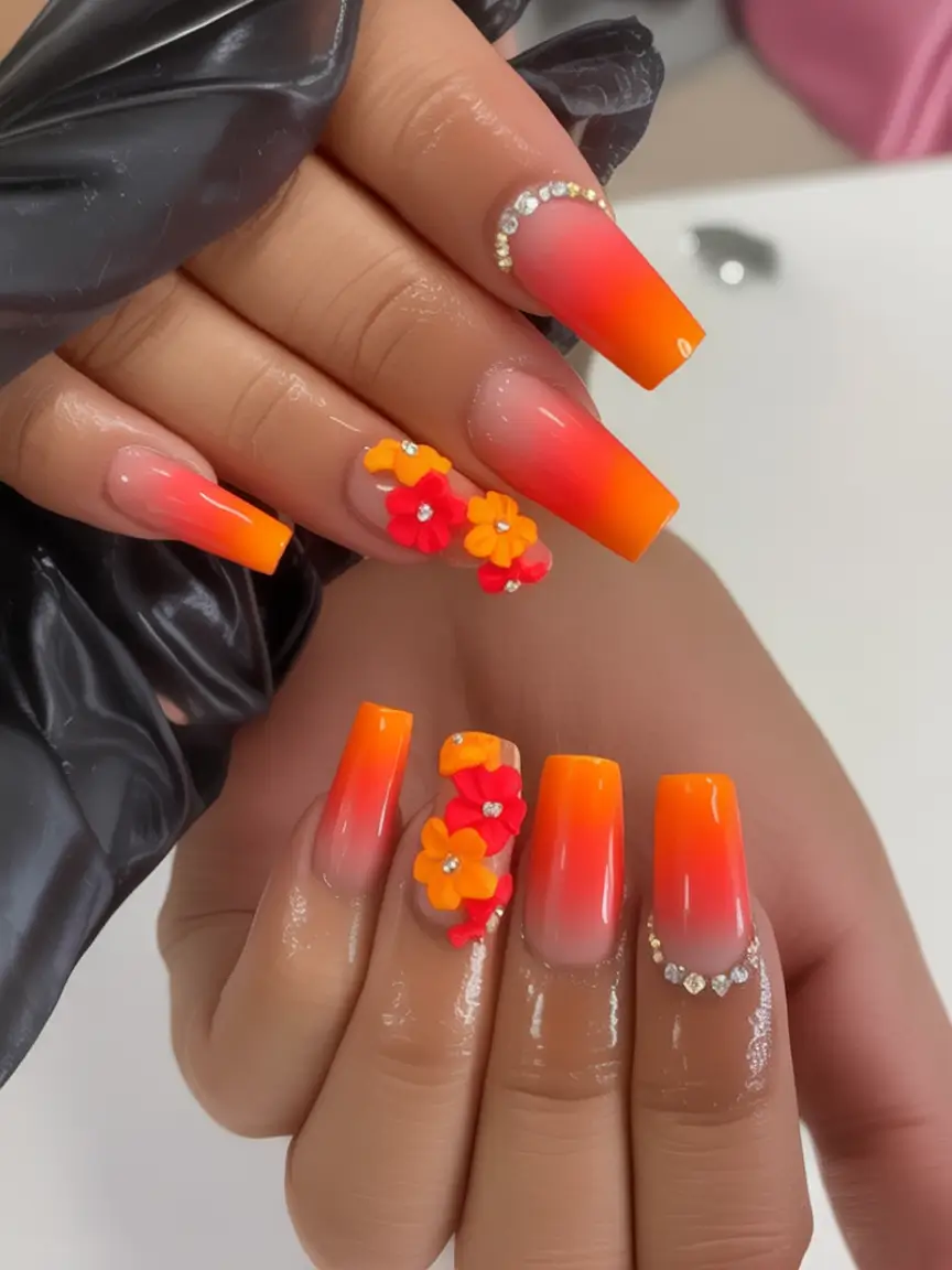 Coffin Nails for Summer 2025 Vibes Tropical Sunset with Rhinestone Bloom