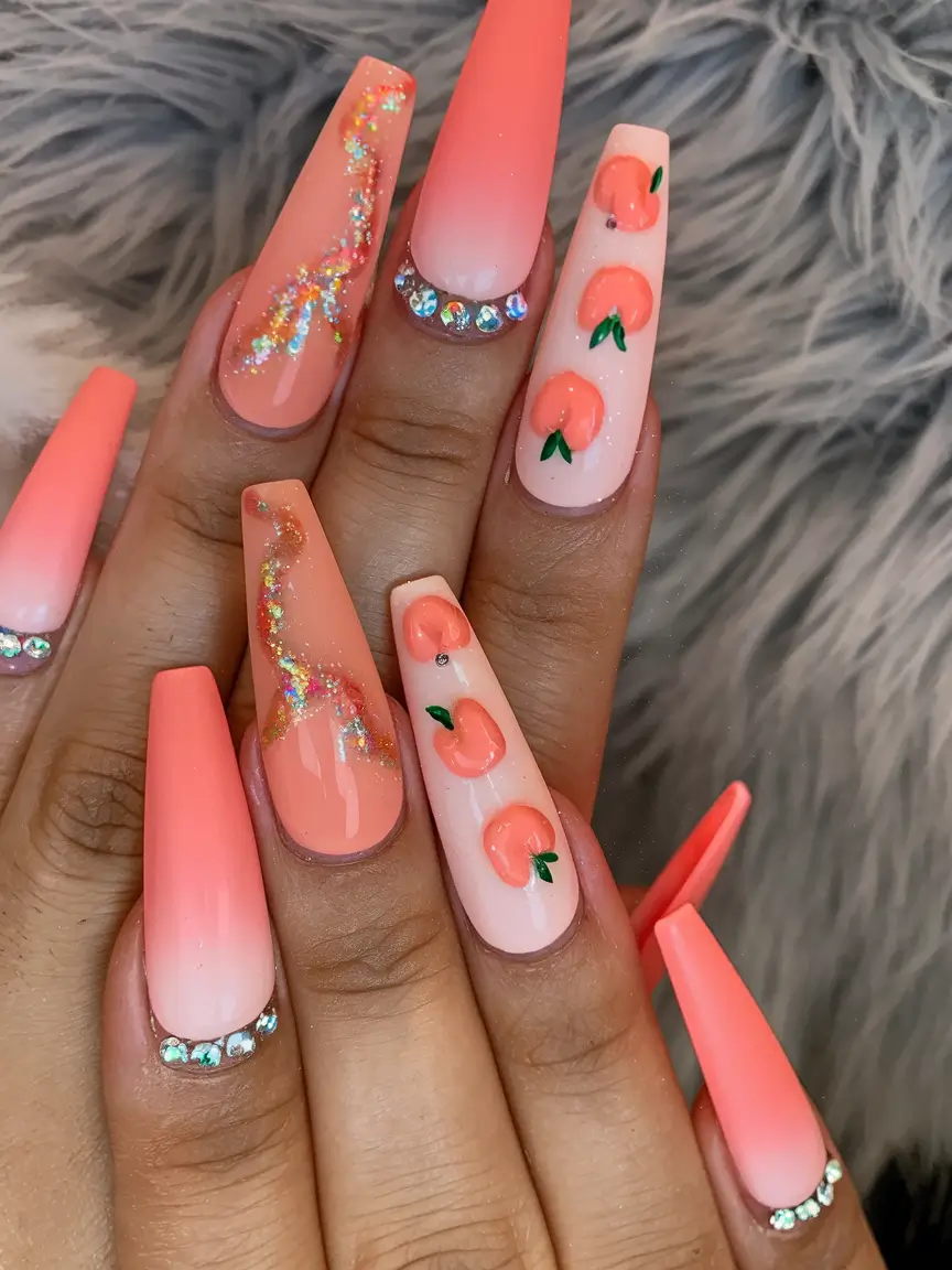 Coffin Nails for Summer 2025 Vibes Peachy Sparkle with Rhinestone Twist