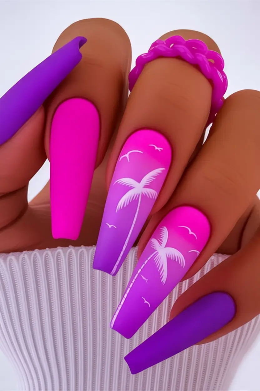 Coffin Nails for Summer 2025 Vibes Purple Sunset Palms