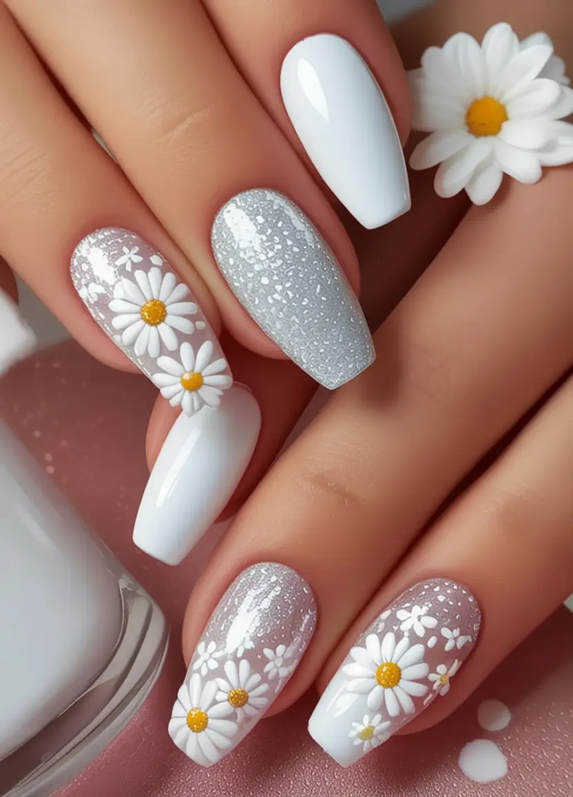 Coffin Nails for Summer 2025 Vibes Fresh Daisy Glitter Pop