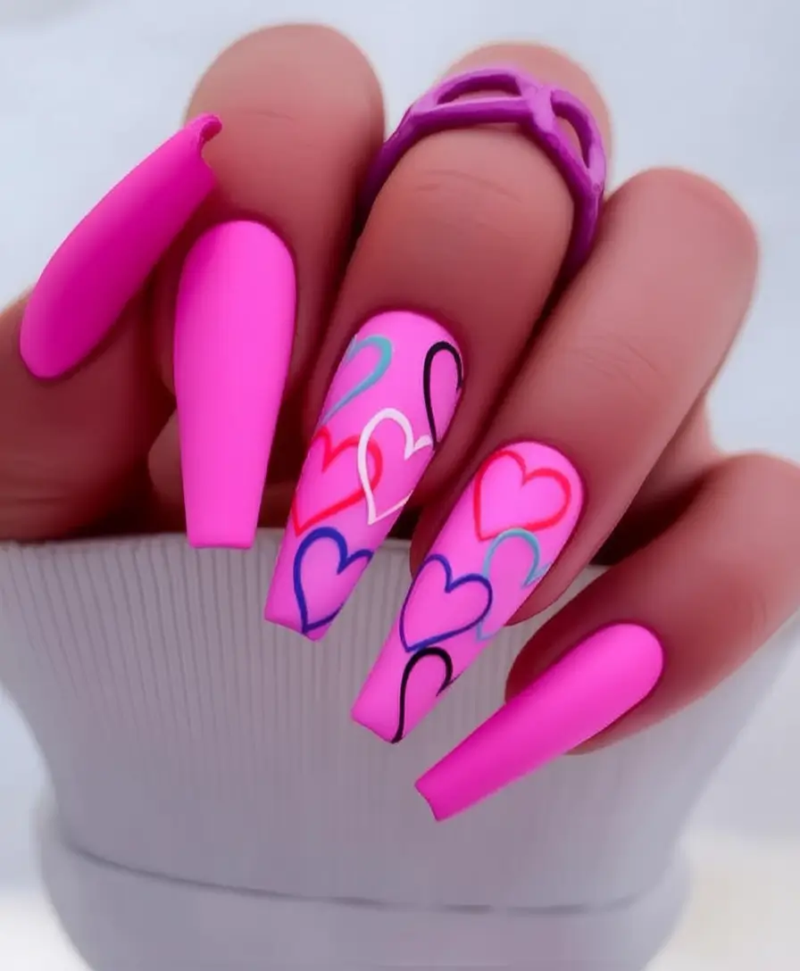 Coffin Nails for Summer 2025 Vibes Neon Barbiecore with Heart Doodles