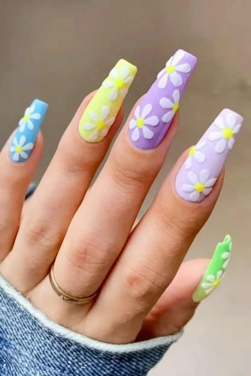 Coffin Nails for Summer 2025 Vibes Pastel Daisy Dream