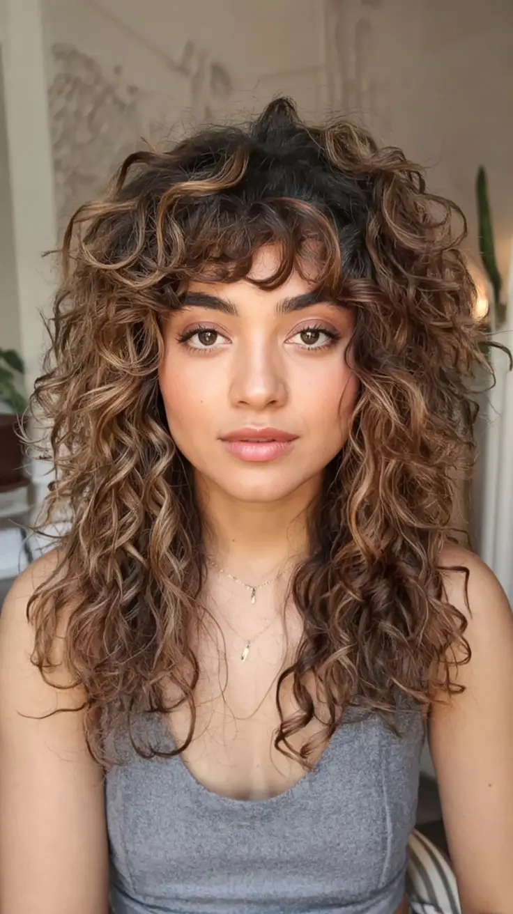 Curly Haircuts - Natural Curls Inspiration Summer 2025 Layered Mid-Length Curls with Shaggy Bangs