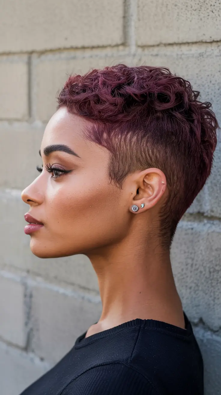 Curly Haircuts - Natural Curls Inspiration Summer 2025 Edgy Burgundy Short Pixie with Textured Curls