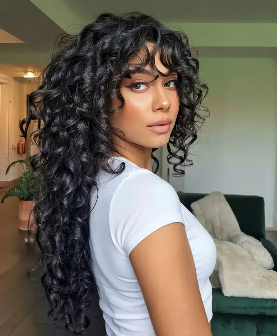Curly Haircuts - Natural Curls Inspiration Summer 2025 Ultra-Long Dark Cascading Curls with Curtain Bangs