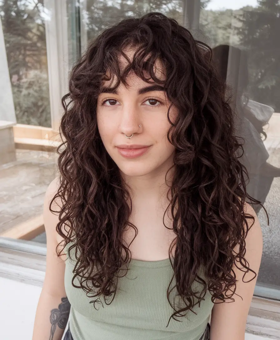 Curly Haircuts - Natural Curls Inspiration Summer 2025 Long Curly Shag with Wispy Bangs