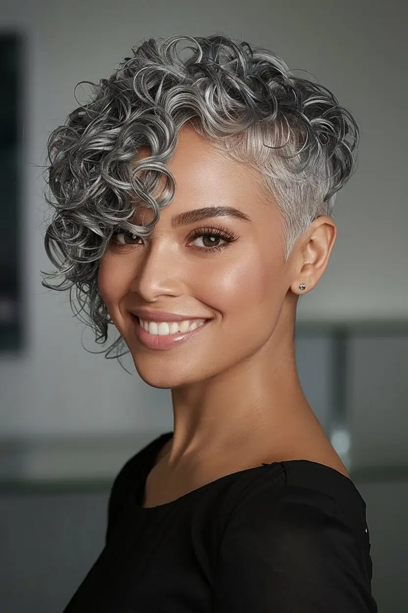 Curly Haircuts - Natural Curls Inspiration Summer 2025 Edgy Silver Pixie with Sculpted Curls
