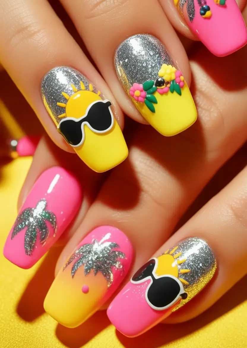 Cute Nails for a Perfect 2025 Summer Sun-Kissed Vibes in Neon & Glitter
