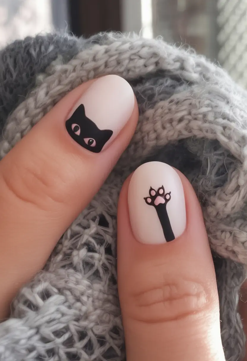 Cute Nails for a Perfect 2025 Summer Black Cat Chic with Paw Prints