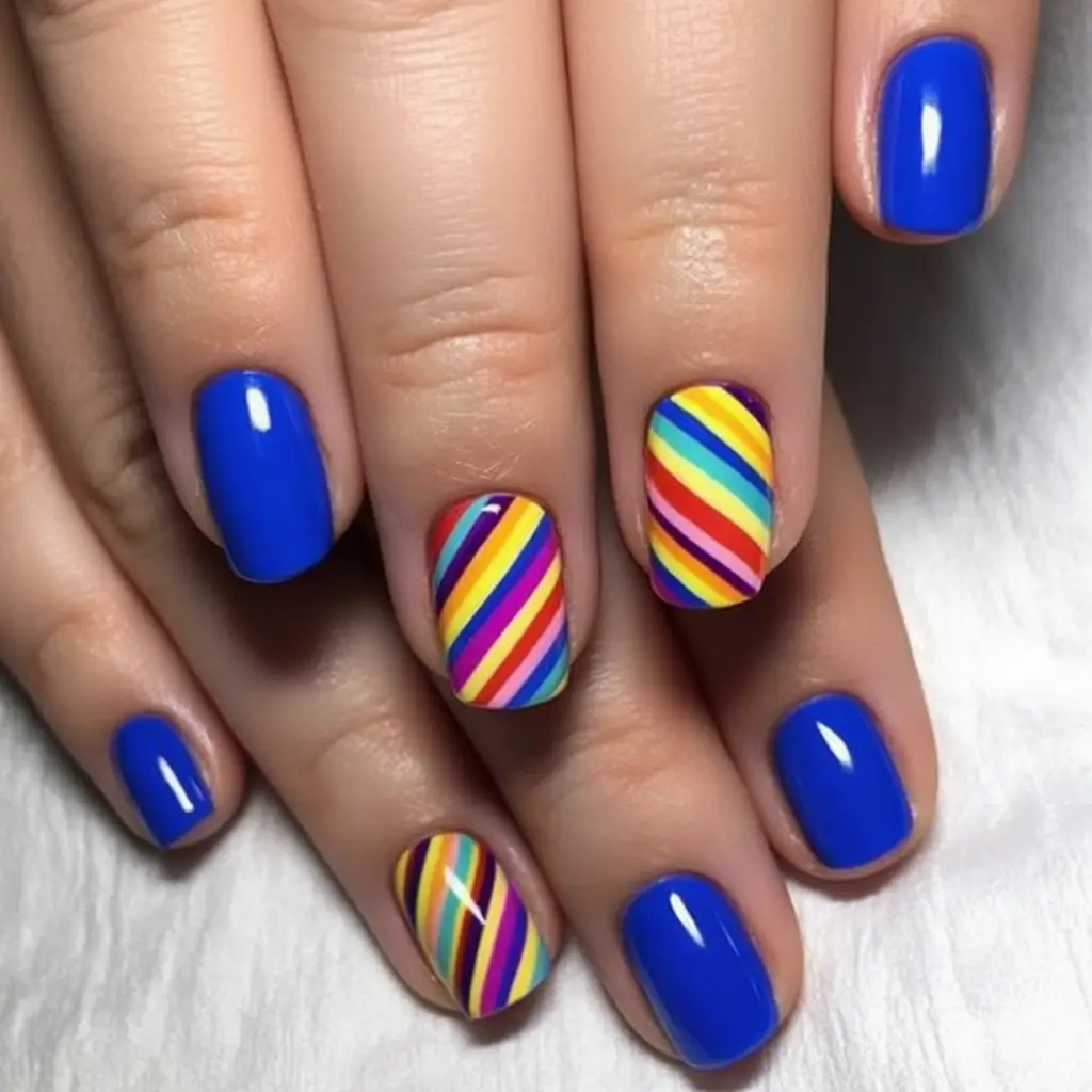 Cute Nails for a Perfect 2025 Summer Electric Rainbow & Blue Stripe Party