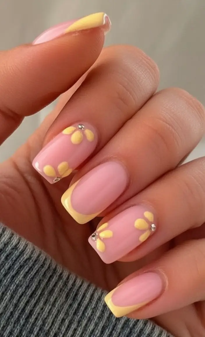 Cute Nails for a Perfect 2025 Summer Daisy French with Lemon Sorbet Tips