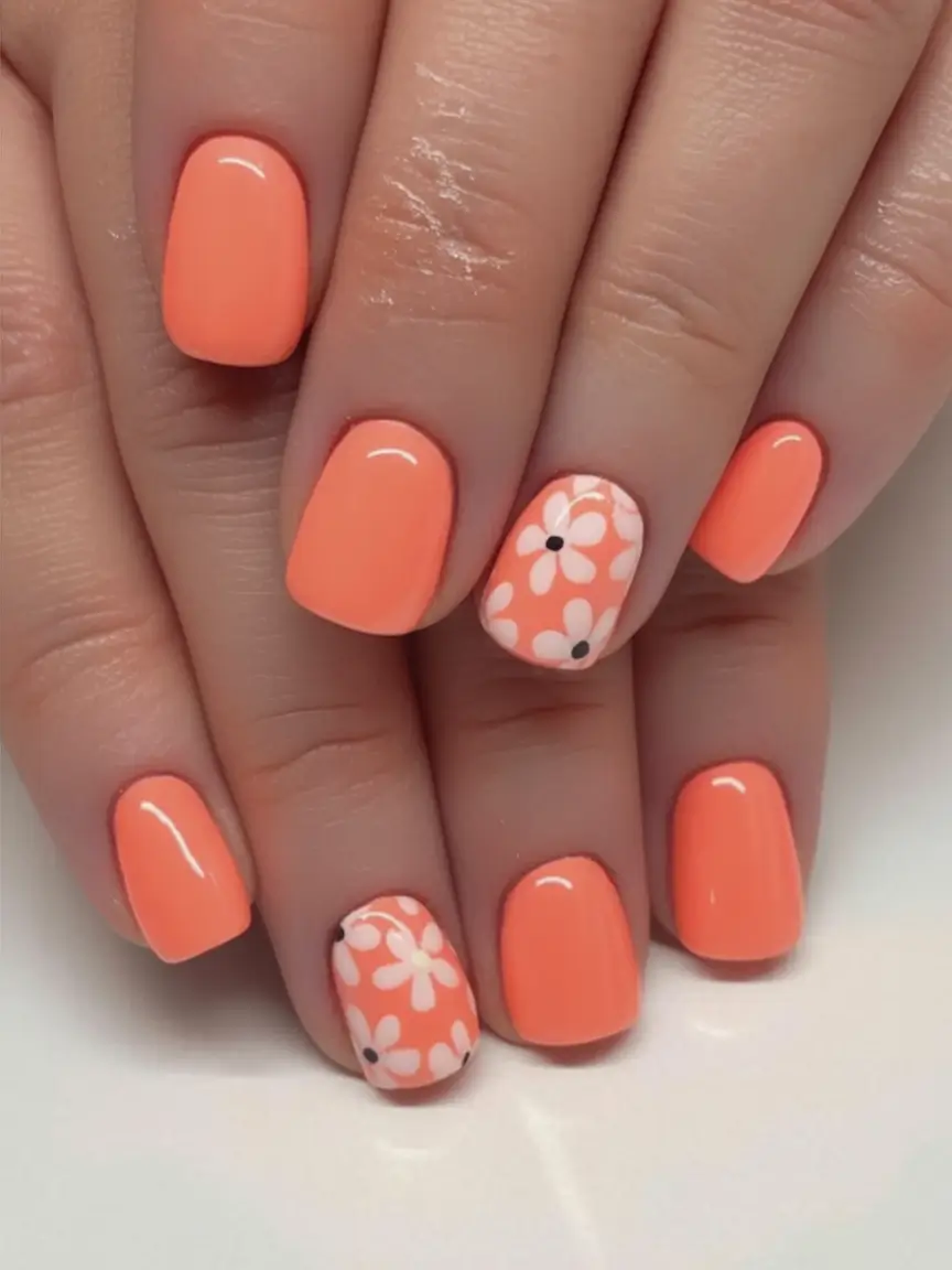 Cute Nails for a Perfect 2025 Summer Peachy Daisies for the Soft Girl Summer