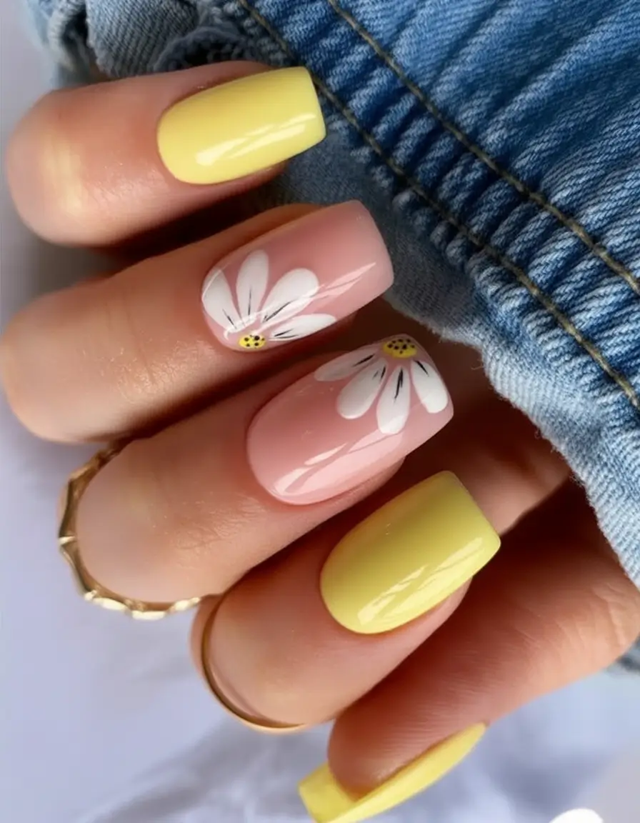 Cute Nails for a Perfect 2025 Summer Yellow Daisies and Denim Days