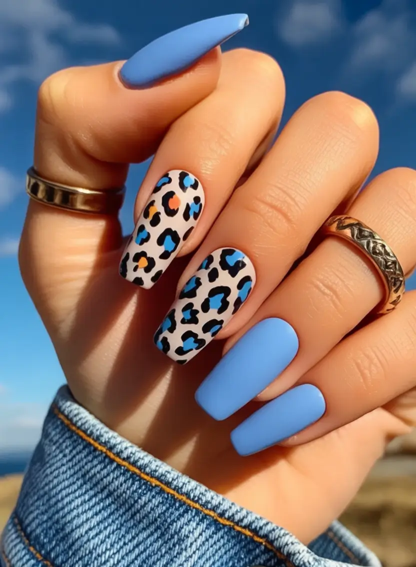 Cute Nails for a Perfect 2025 Summer Leopard Energy in a Sky-Blue World