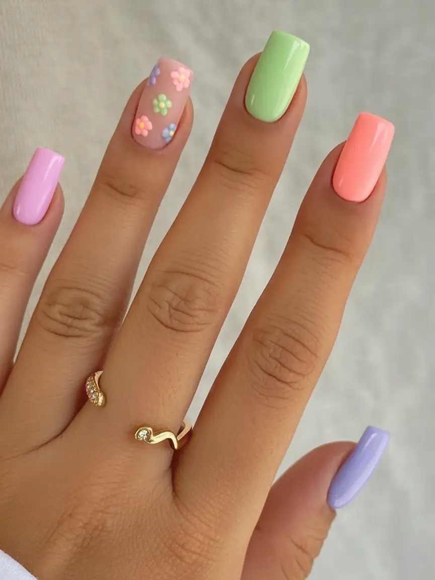 Cute Nails for a Perfect 2025 Summer Pastel Pop with Tiny Blooms