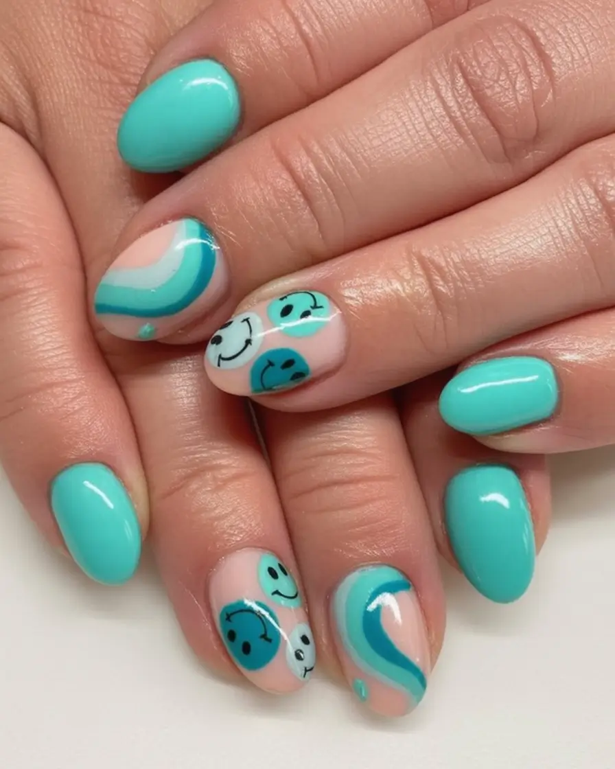 Cute Nails for a Perfect 2025 Summer Smiley Blues with a Twist
