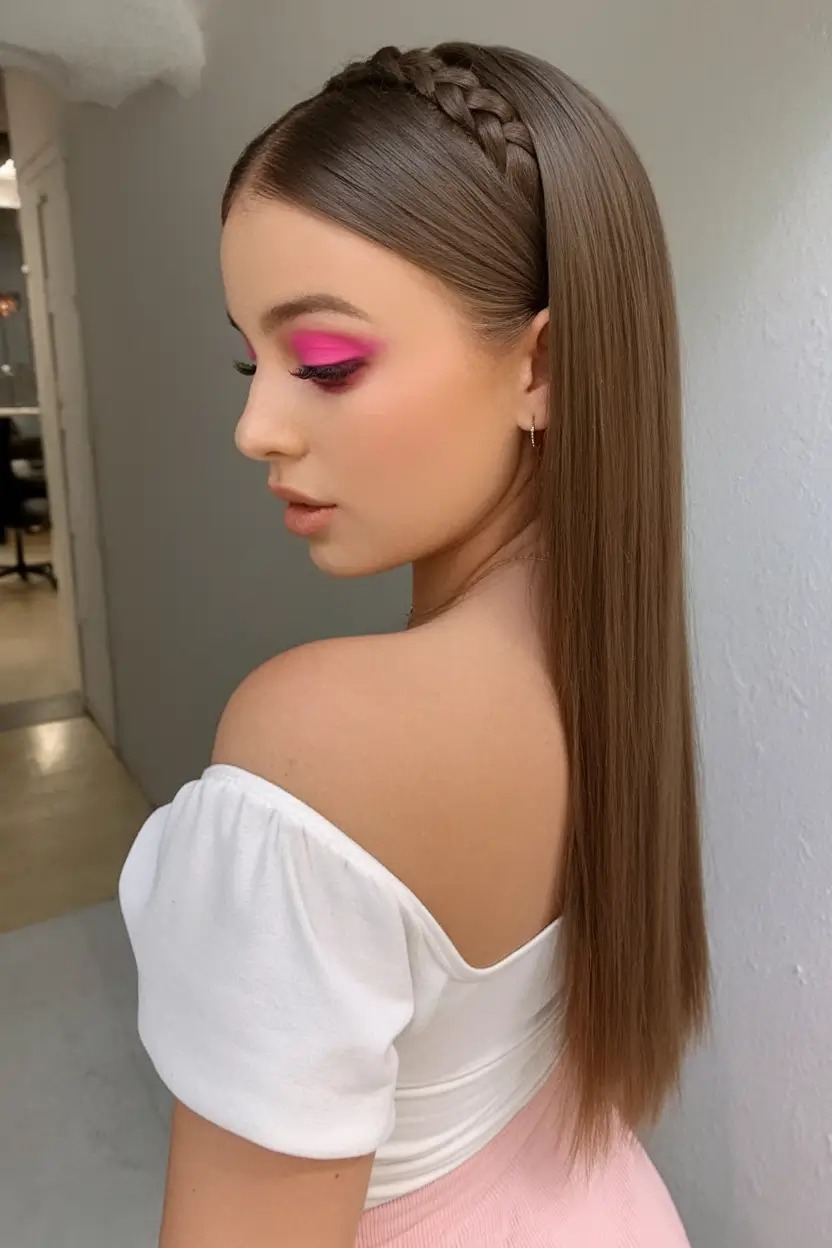 cute summer hairstyle ideas – effortless looks 2025 Sleek Braid Crown With Glossy Straight Hair