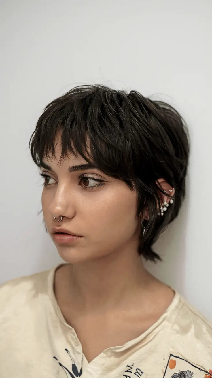 Cute Summer Hairstyle Ideas - Effortless Looks 2025 Messy Dark Shag with Piecey Bangs