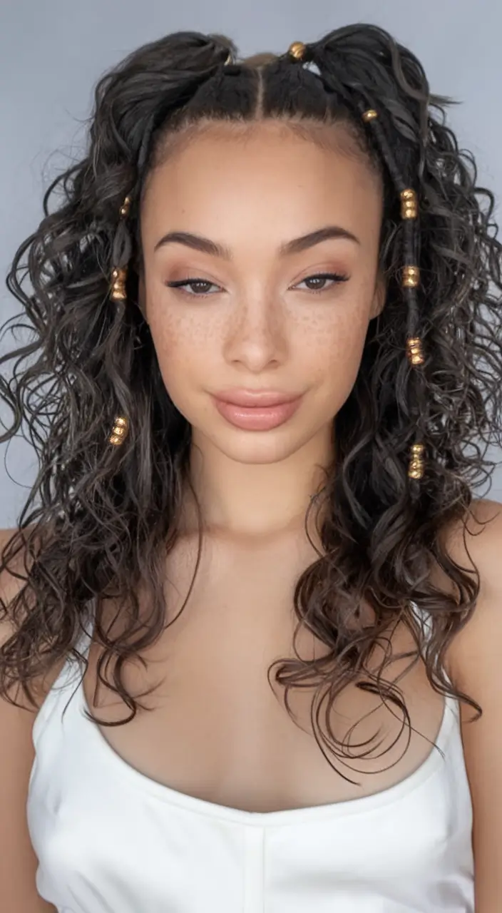 Cute Summer Hairstyle Ideas - Effortless Looks 2025 Curly Pigtails with Golden Beads