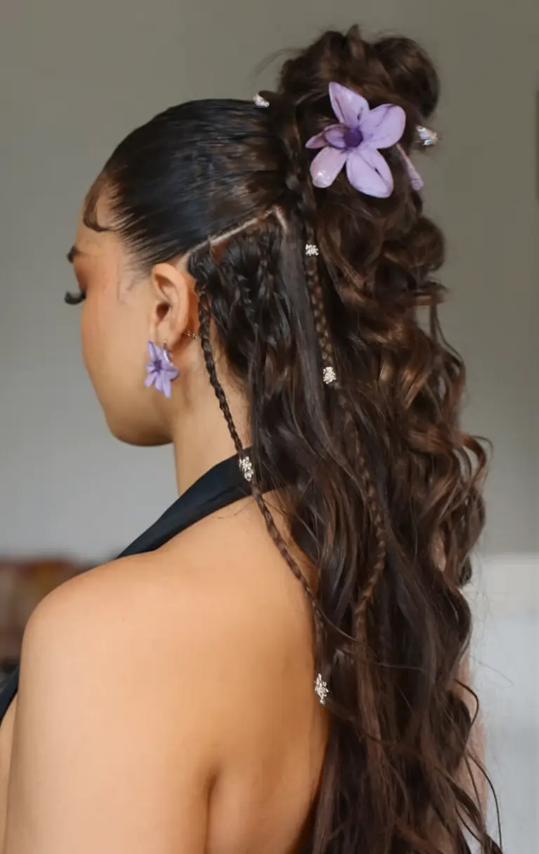 cute summer hairstyle ideas – effortless looks 2025 Half-Up Curls With Floral Accents