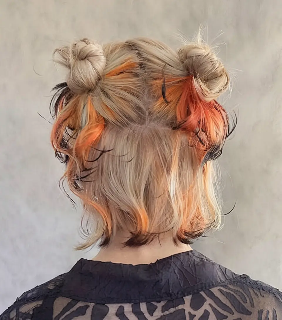 cute summer hairstyle ideas – effortless looks 2025 Playful Space Buns With Colorful Highlights