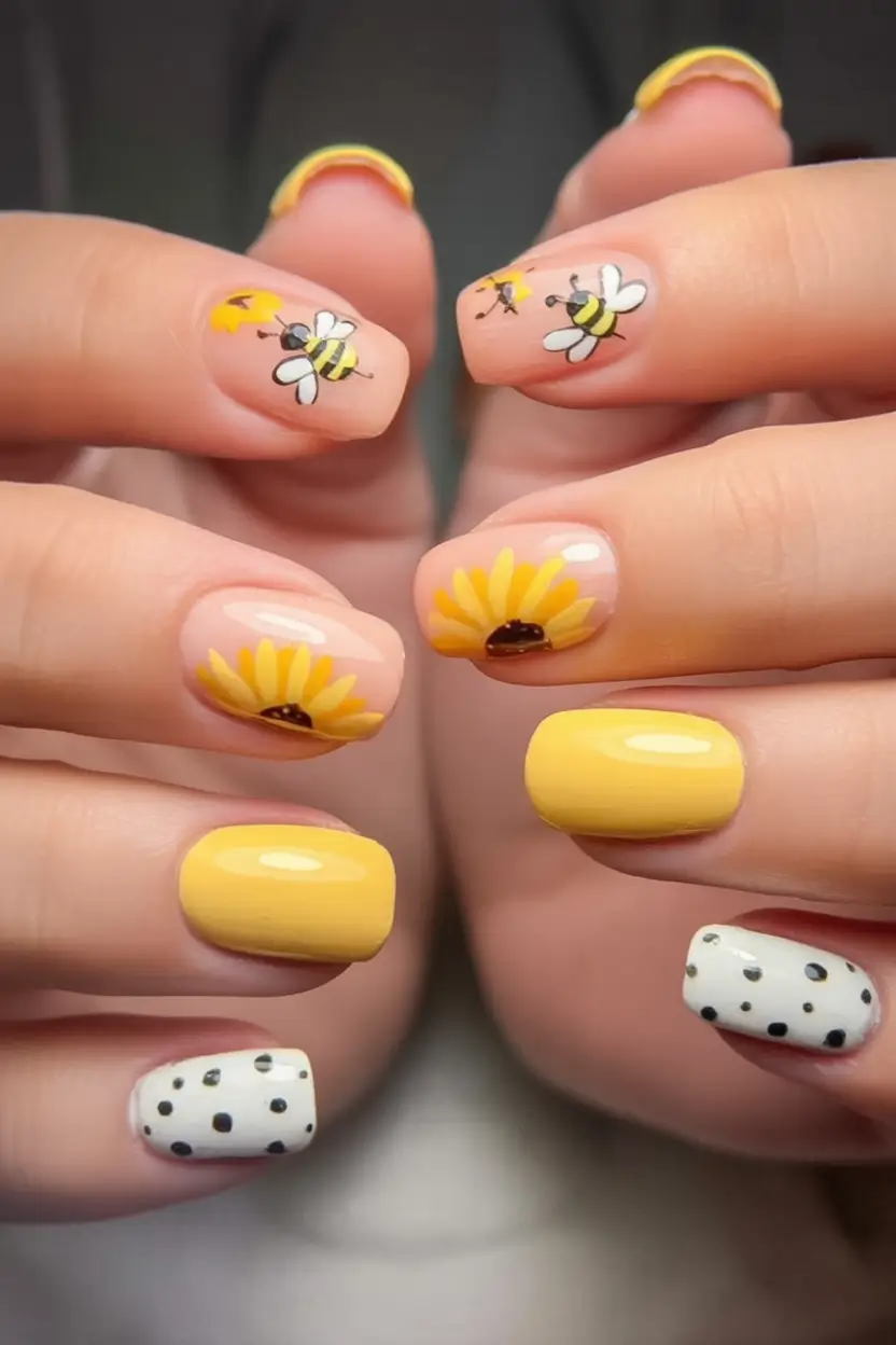 Cute Summer Nails You’ll Love in 2025 Sunflower Garden With Flying Bees