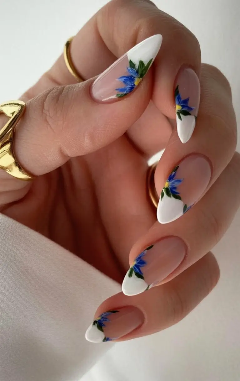 Cute Summer Nails You’ll Love in 2025 French Florals With Blue Cornflowers