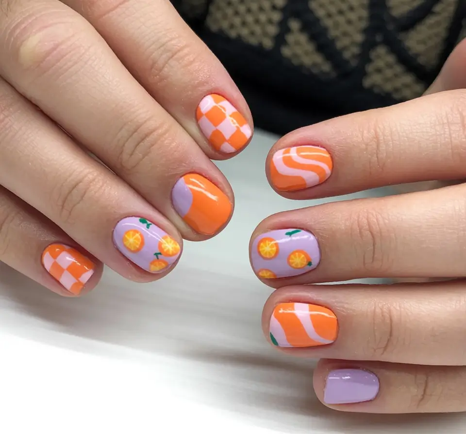 Cute Summer Nails You’ll Love in 2025 Retro Citrus & Checkerboard Mix