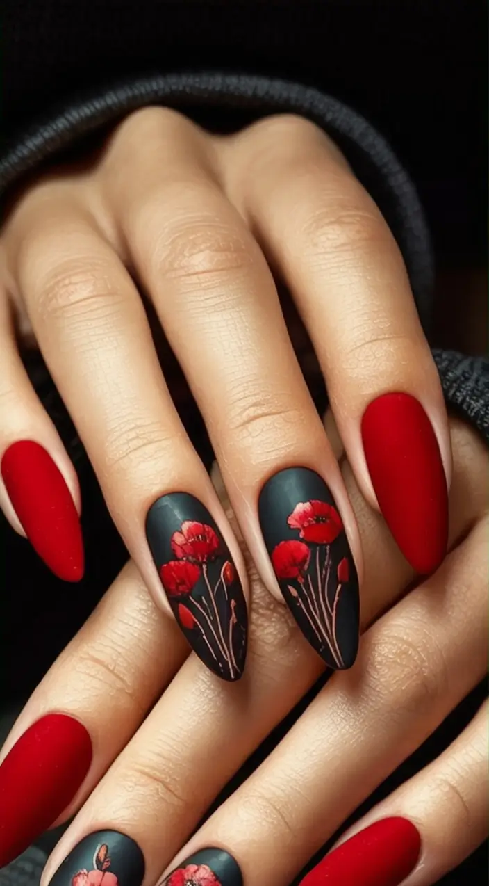 Cute Summer Nails You’ll Love in 2025 Velvety Black & Red Floral Elegance