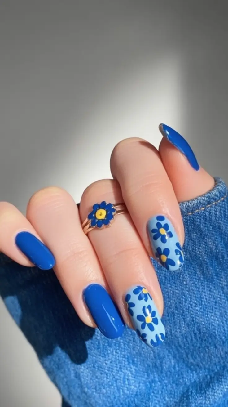 Cute Summer Nails You’ll Love in 2025 Blue Bloom with a Pop of Sunshine