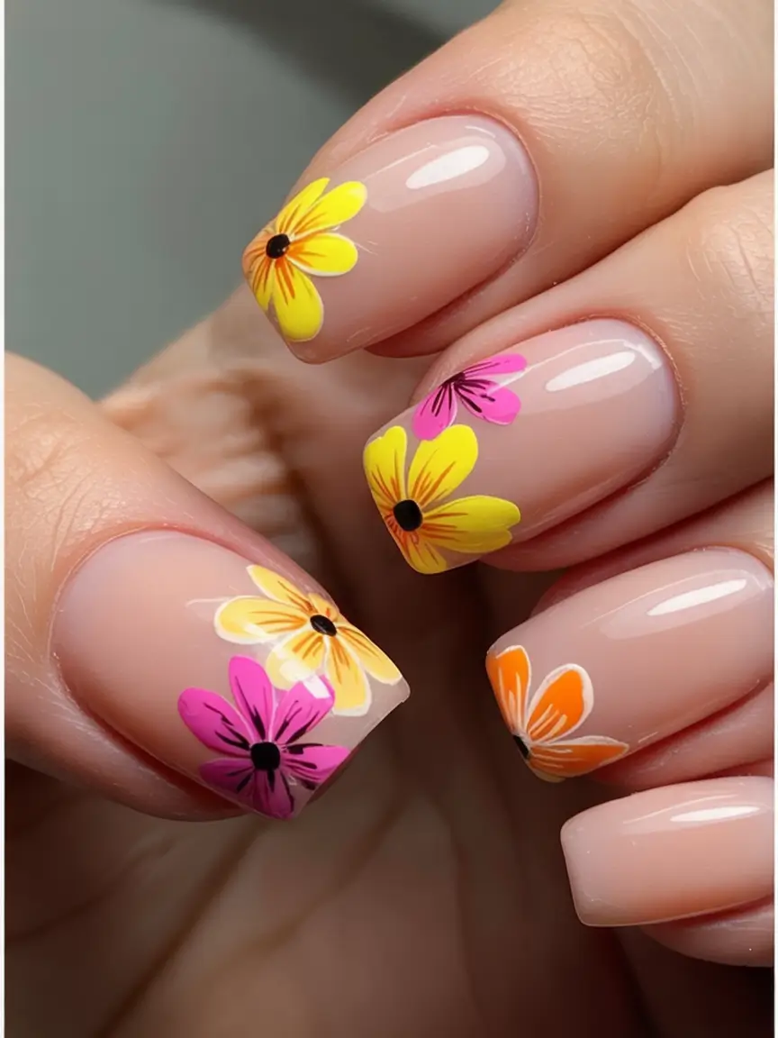 Cute Summer Nails You’ll Love in 2025 Bright Floral Burst On Nude