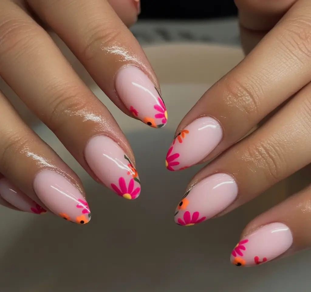 Cute Summer Nails You’ll Love in 2025 Hot Pink Daisies on Baby Blush