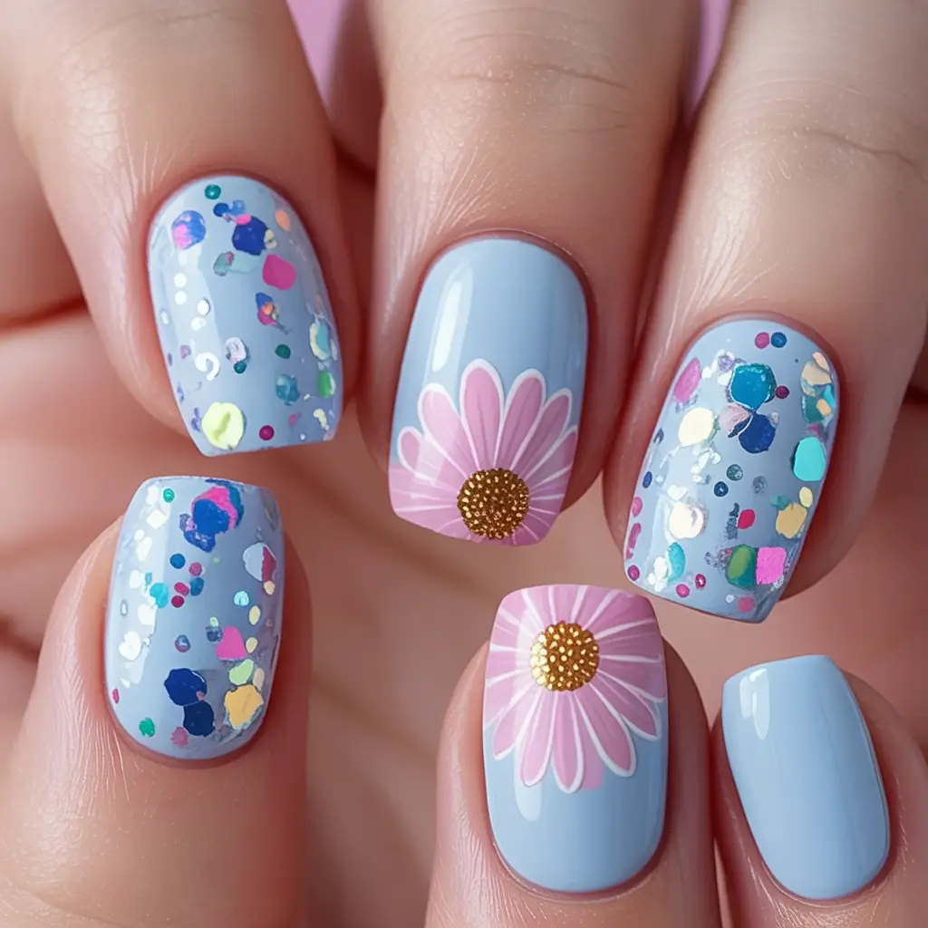 Cute Summer Nails You’ll Love in 2025 Daisy Confetti and Cotton Candy Blue