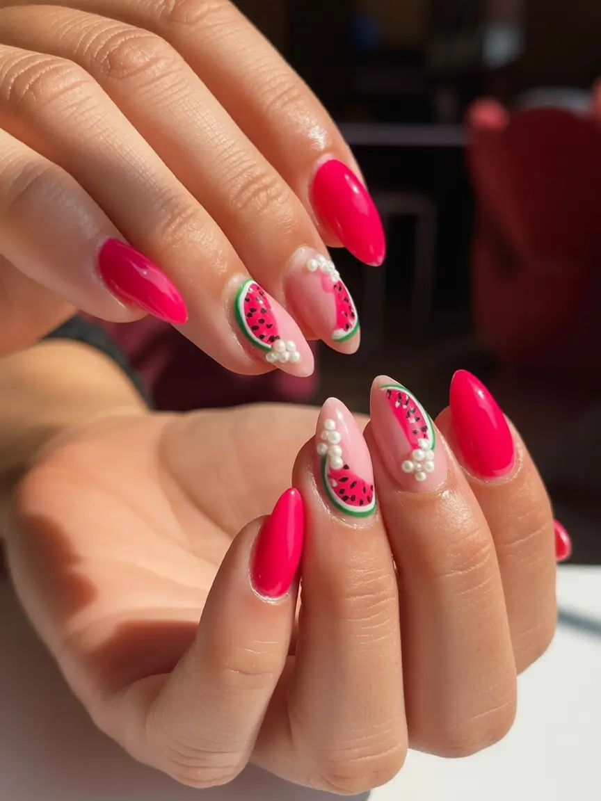 Cute Summer Nails You’ll Love in 2025 Juicy Watermelon Delight With Pearls