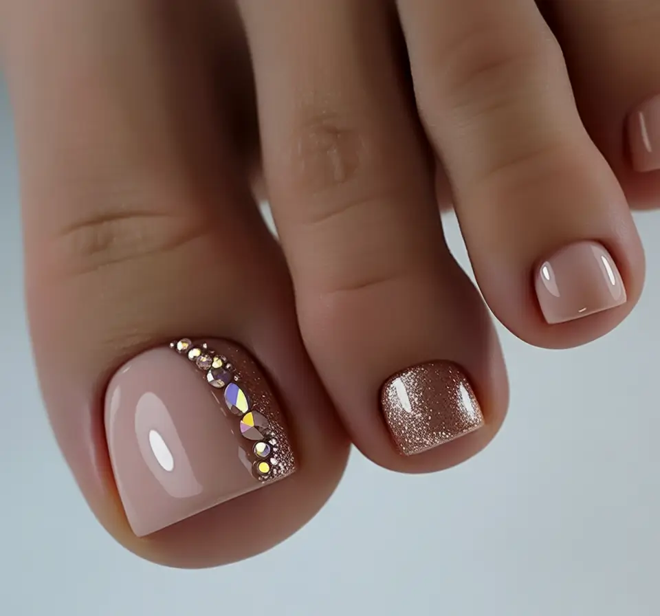 Cute Summer Toe Nails for 2025 Champagne Glitter and Crystals