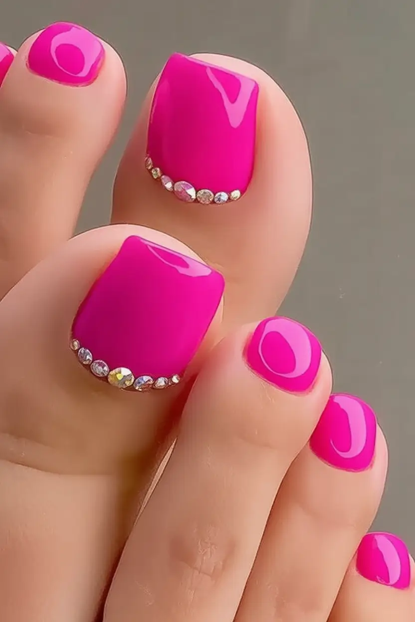 Cute Summer Toe Nails for 2025 Hot Pink Rhinestone Radiance