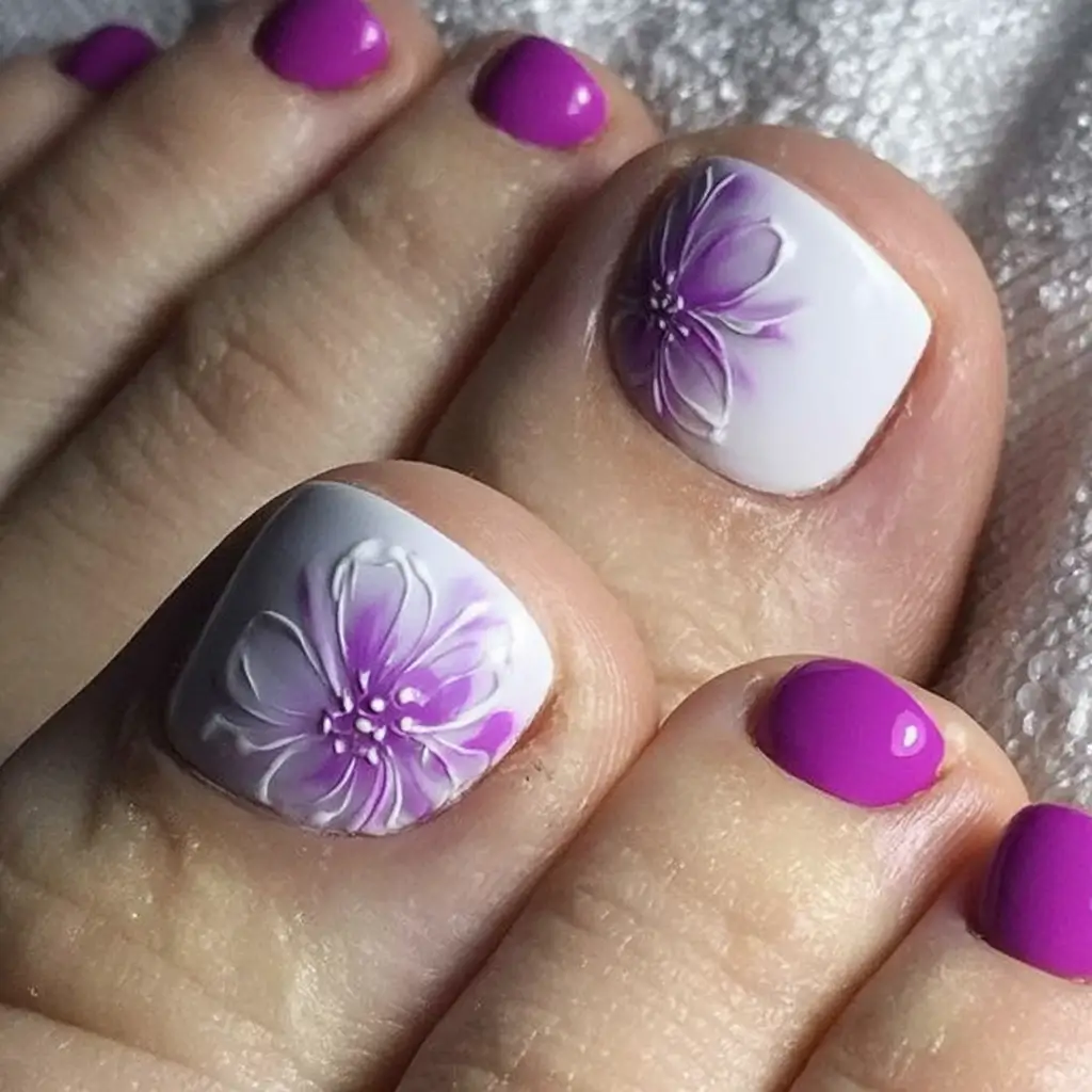 Cute Summer Toe Nails for 2025 Purple Florals on White Canvas