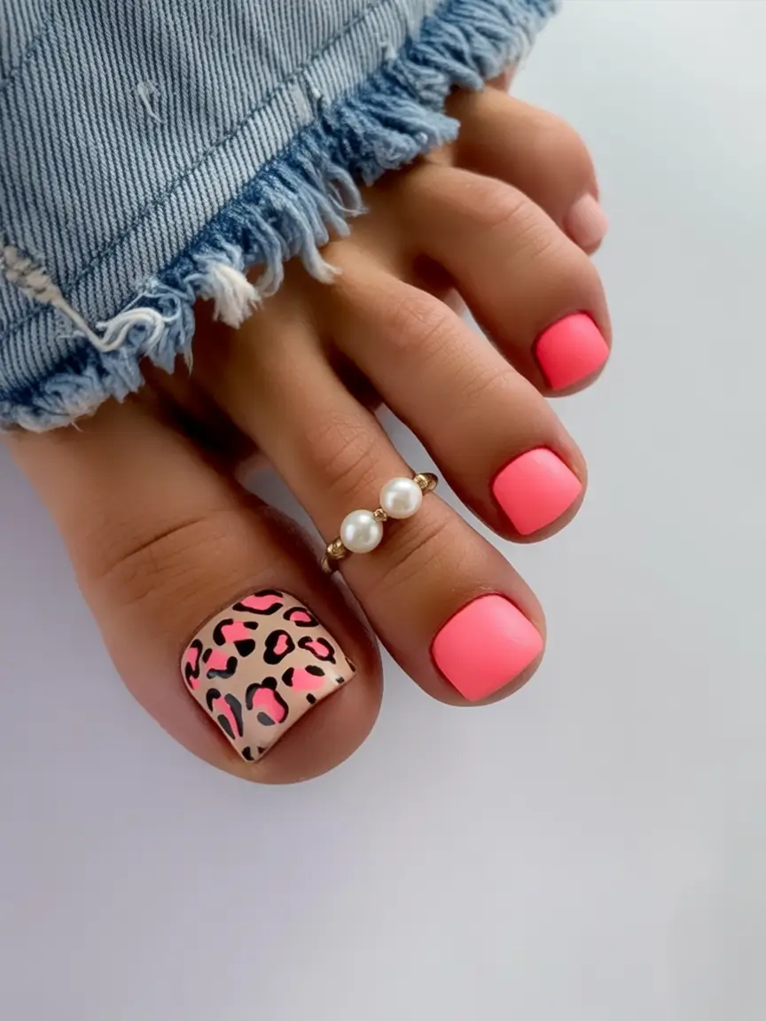Cute Summer Toe Nails for 2025 Matte Leopard Meets Barbiecore