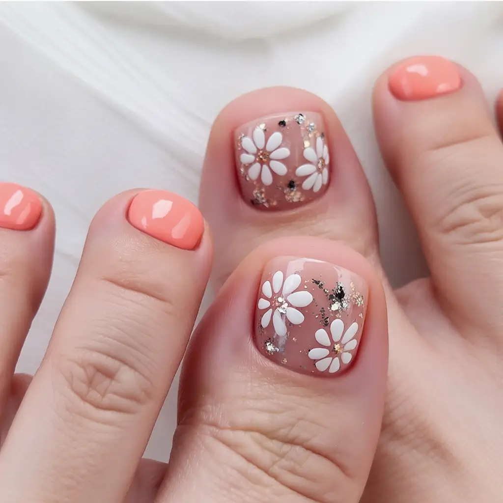 Cute Summer Toe Nails for 2025 Daisy Pop on Peach