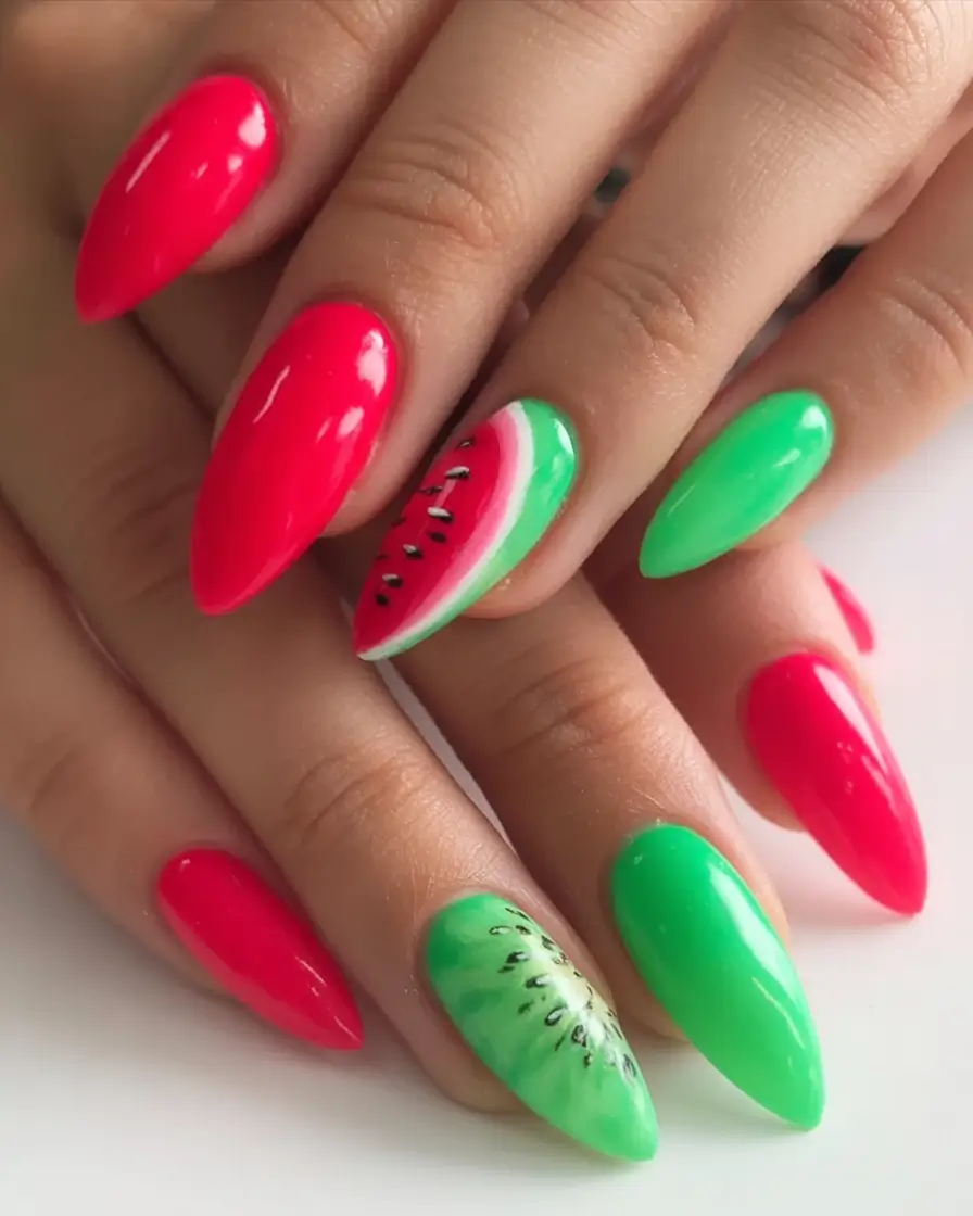 Cutest Summer Nails for 2025 Fresh Fruit Splash: Watermelon & Kiwi Vibes