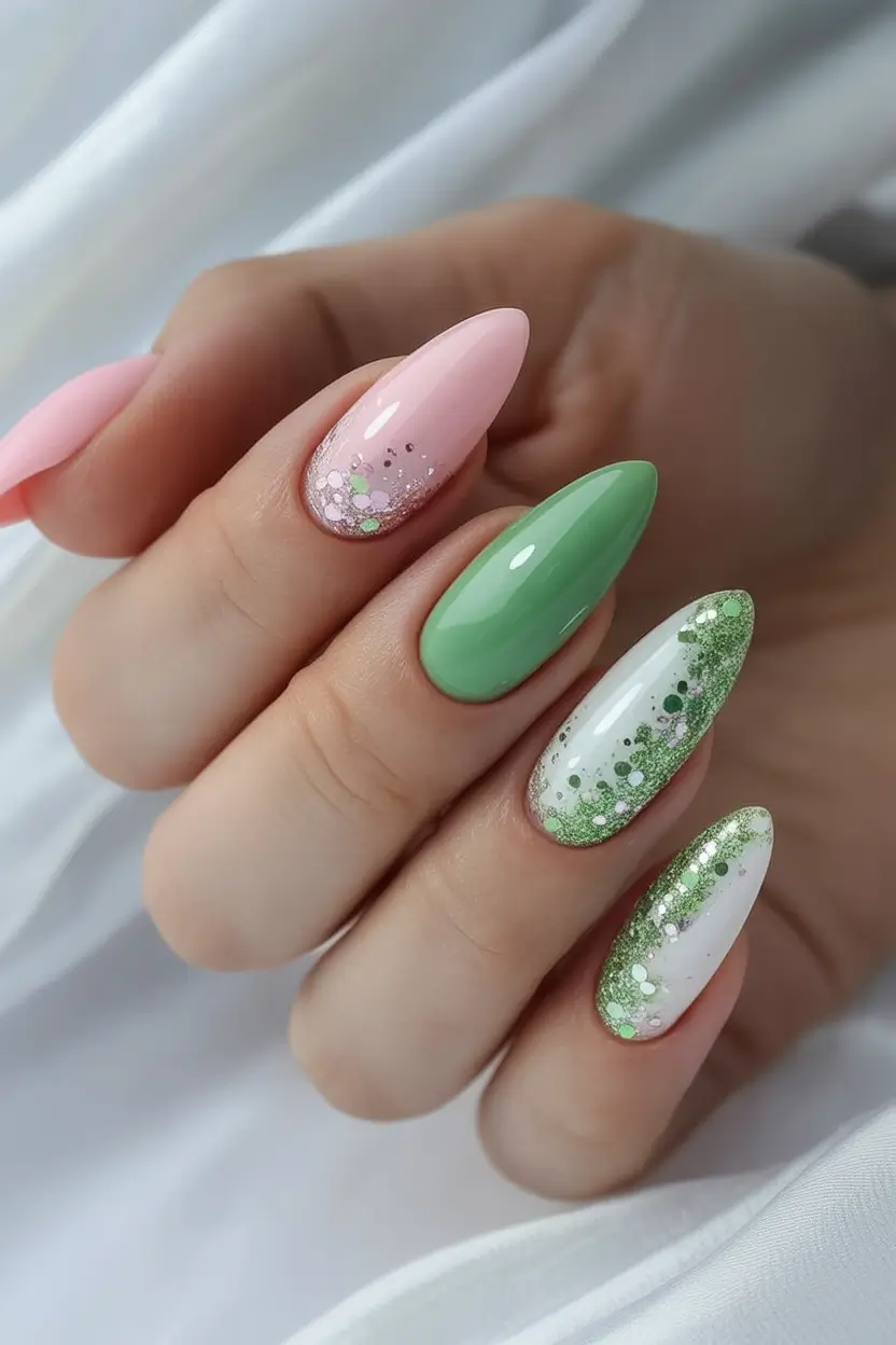 Cutest Summer Nails for 2025 Pastel Party: Green, Pink, And Glitter Combo