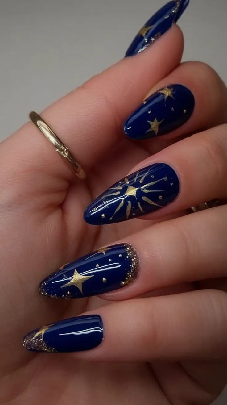 Cutest Summer Nails for 2025 Celestial Blue And Gold Glam